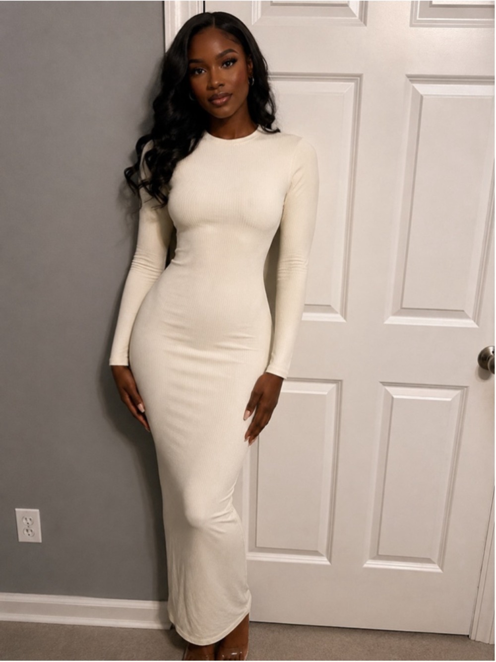 Women's Stillwater Ivory Cream Ribbed Long Sleeve Maxi Dress S